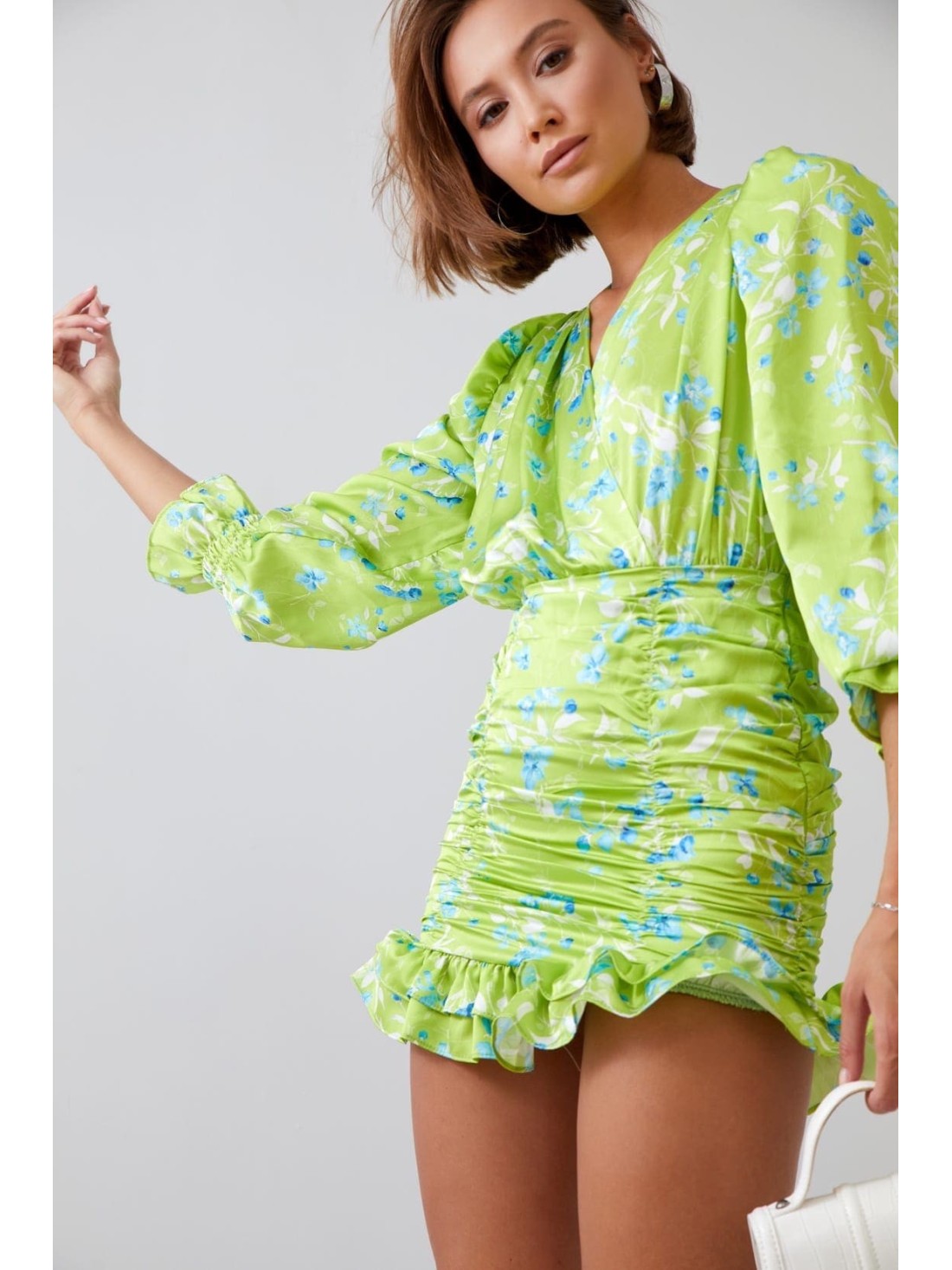 Fitted floral dress with draping, lime green 2937 - Online store - Boutique